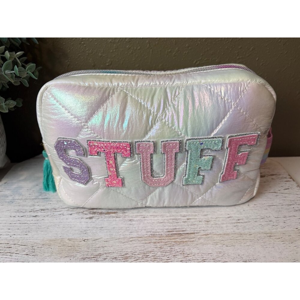 Large Iridescent Quilted Makeup Bag With Glitter Stuff Letters & Tassel Zipper